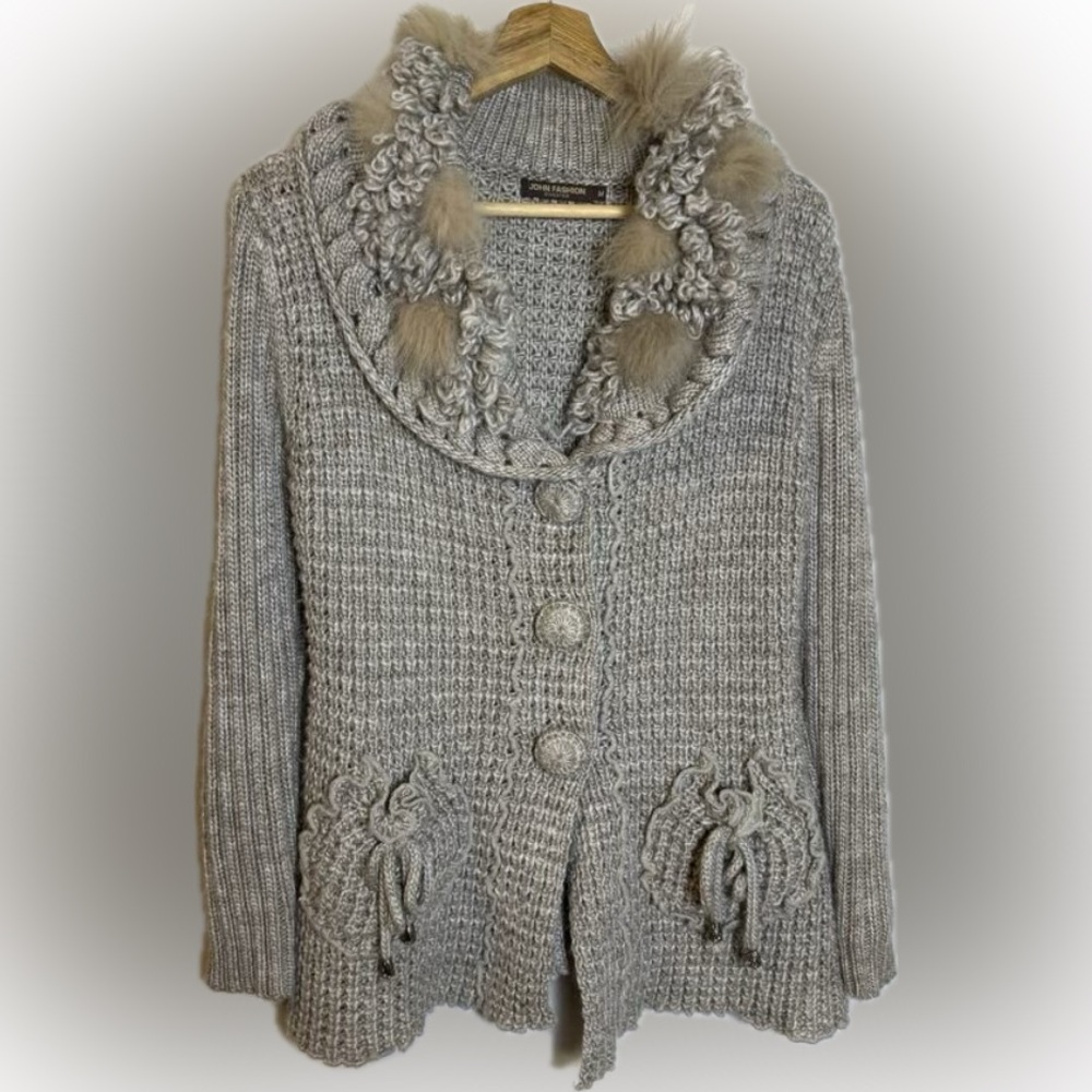 Fur Accented Wool Blend Sweater Blazer